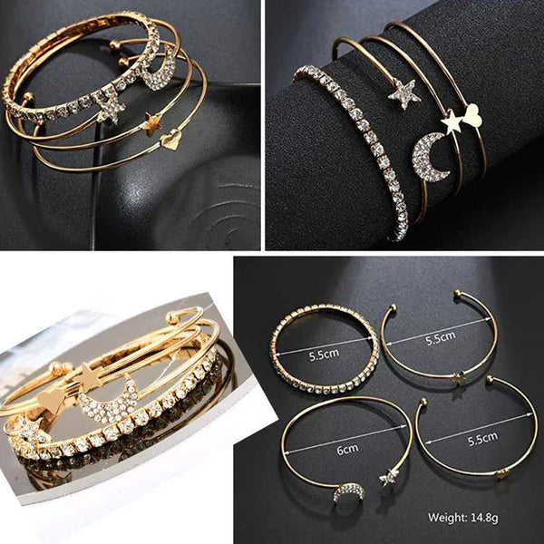 Moon-Star Design Gold Plated American Diamond Bracelet - Pack Of 4