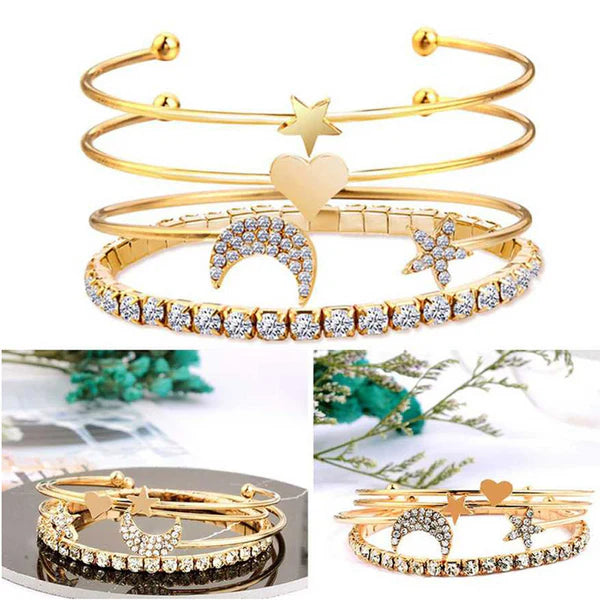 Moon-Star Design Gold Plated American Diamond Bracelet - Pack Of 4