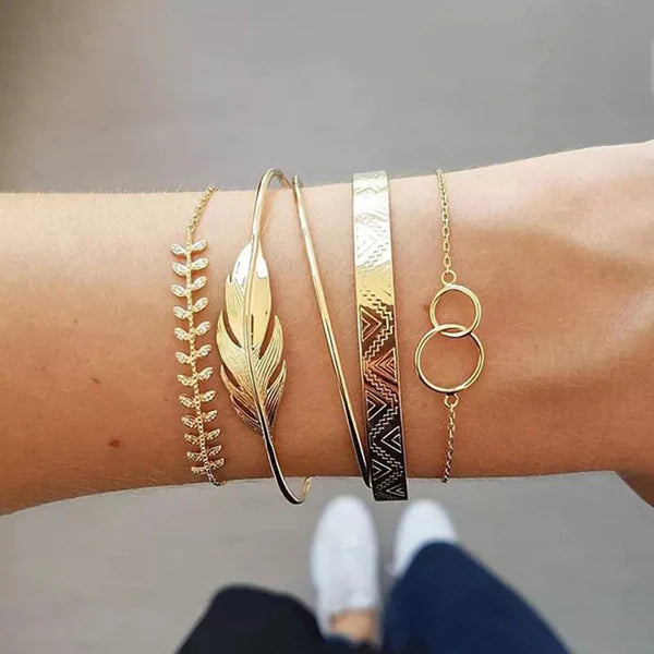 Gold Plated Feather & Vine Collection Bracelet Pack of 5