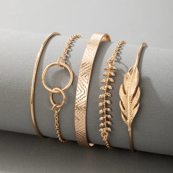 Gold Plated Feather & Vine Collection Bracelet Pack of 5
