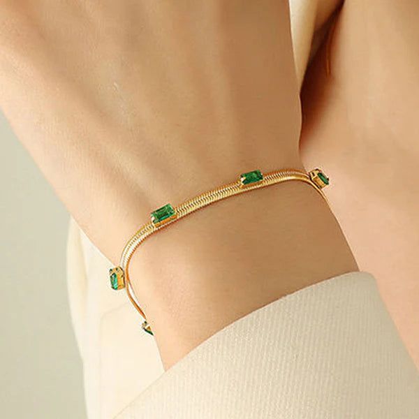 18 K Gold Plated Anti Tarnish Snake Chain Green-Time-Stone Wraparound Bracelet