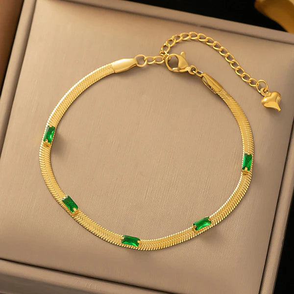 18 K Gold Plated Anti Tarnish Snake Chain Green-Time-Stone Wraparound Bracelet