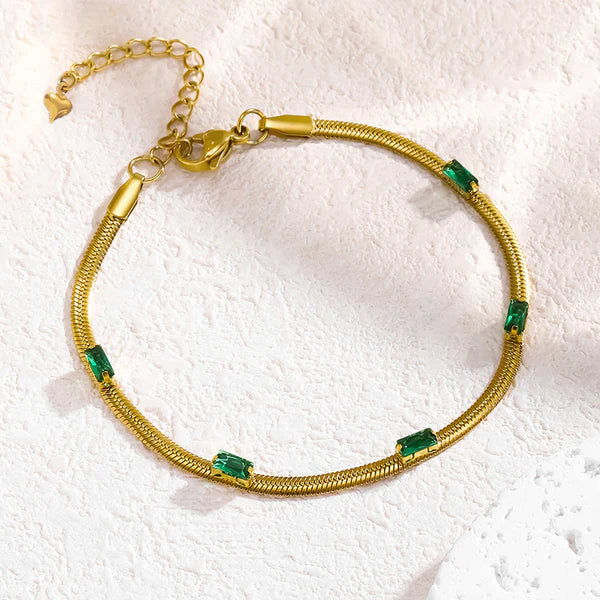 18 K Gold Plated Anti Tarnish Snake Chain Green-Time-Stone Wraparound Bracelet