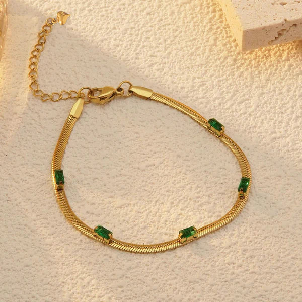 18 K Gold Plated Anti Tarnish Snake Chain Green-Time-Stone Wraparound Bracelet