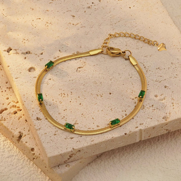 18 K Gold Plated Anti Tarnish Snake Chain Green-Time-Stone Wraparound Bracelet