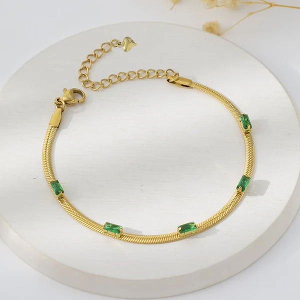18 K Gold Plated Anti Tarnish Snake Chain Green-Time-Stone Wraparound Bracelet