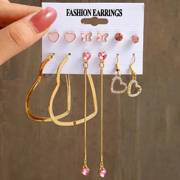 Gold Plated Pink and Gold Studs and Drop Earrings Combo of 6