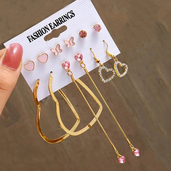 Gold Plated Pink and Gold Studs and Drop Earrings Combo of 6