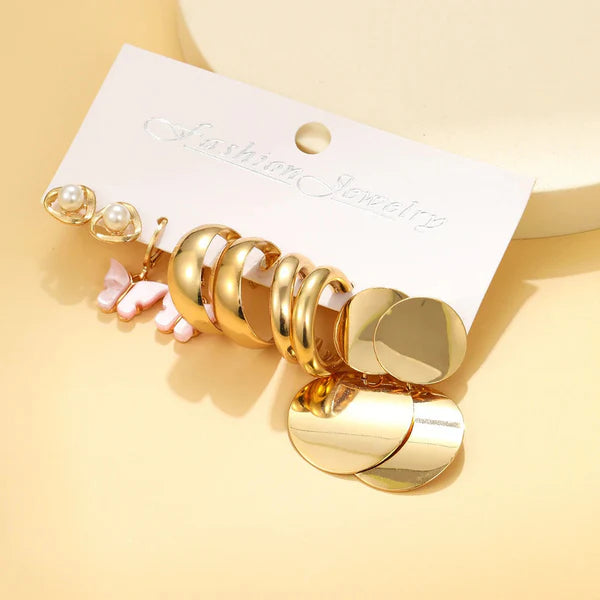 Gold Plated, Butterfly shape, Pearl and round design Earrings Combo of 5
