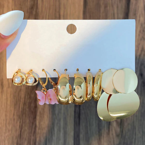 Gold Plated, Butterfly shape, Pearl and round design Earrings Combo of 5