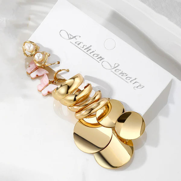 Gold Plated, Butterfly shape, Pearl and round design Earrings Combo of 5