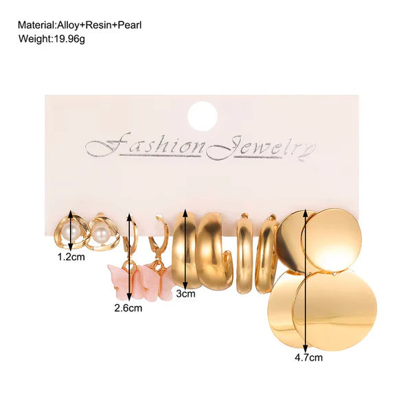 Gold Plated, Butterfly shape, Pearl and round design Earrings Combo of 5