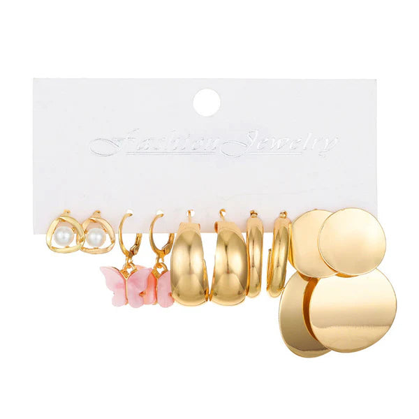 Gold Plated, Butterfly shape, Pearl and round design Earrings Combo of 5