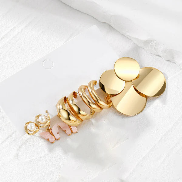 Gold Plated, Butterfly shape, Pearl and round design Earrings Combo of 5