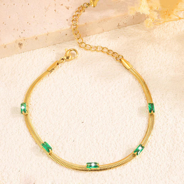 18 K Gold Plated Anti Tarnish Snake Chain Green-Time-Stone Wraparound Bracelet