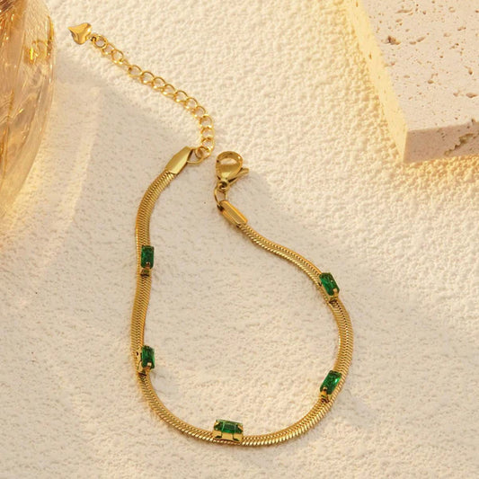 18 K Gold Plated Anti Tarnish Snake Chain Green-Time-Stone Wraparound Bracelet