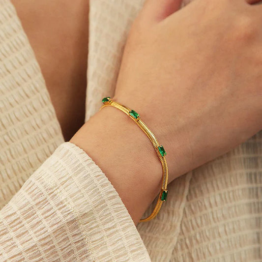 18 K Gold Plated Anti Tarnish Snake Chain Green-Time-Stone Wraparound Bracelet