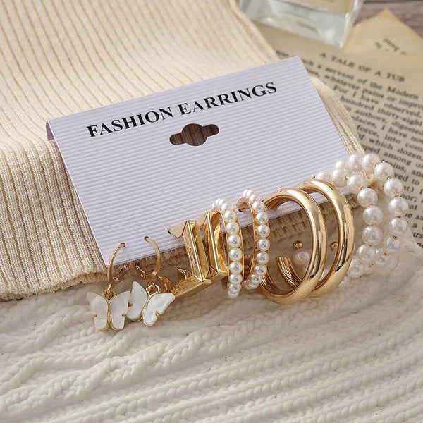 Gold Plated & Pearl design Earrings Set of 5