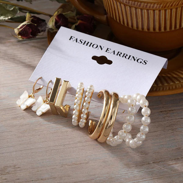 Gold Plated & Pearl design Earrings Set of 5