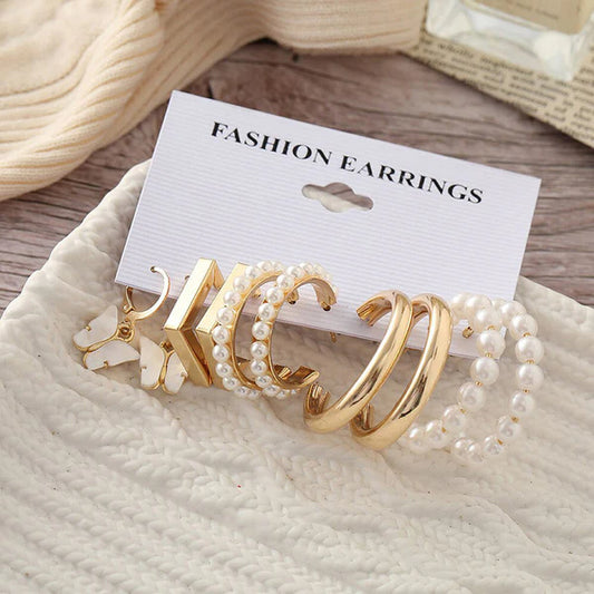 Gold Plated & Pearl design Earrings Set of 5