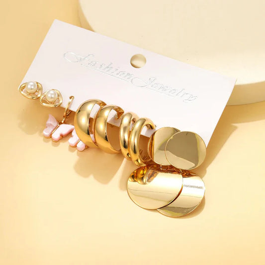Gold Plated, Butterfly shape, Pearl and round design Earrings Combo of 5
