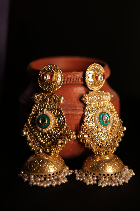 Kashmiri brass jhumkas with pachi kundan