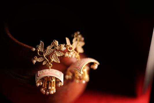 Gold-Plated Leaf Patterned Drop Earrings with Pink Meenakari Work