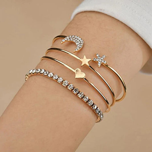 Moon-Star Design Gold Plated American Diamond Bracelet - Pack Of 4